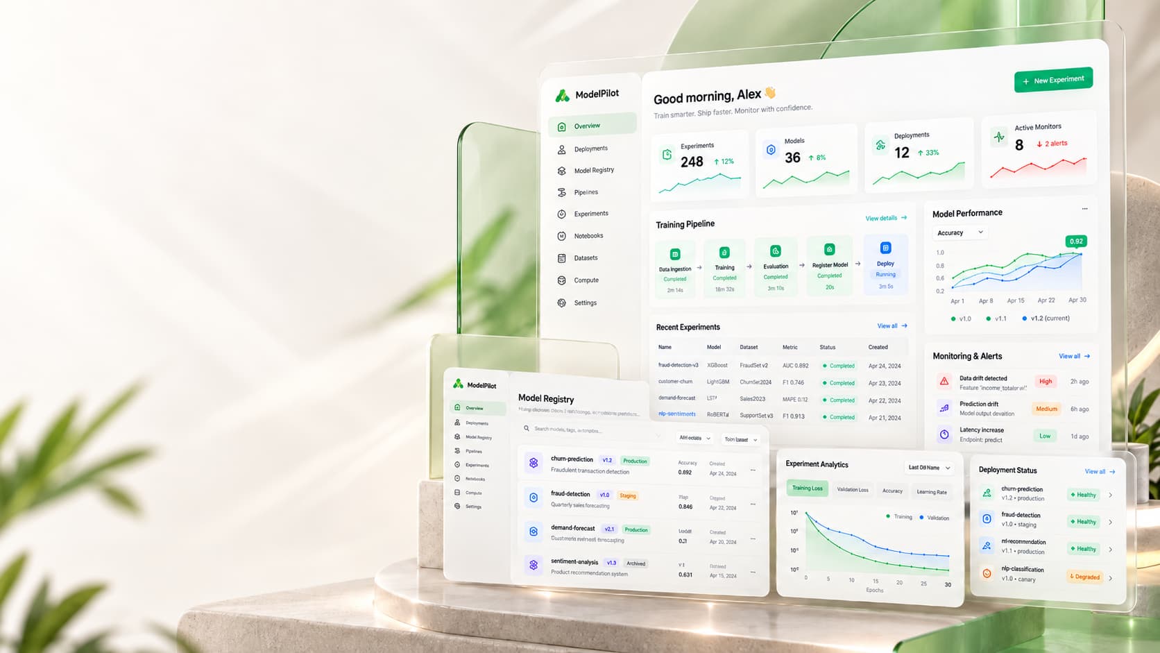 ModelPilot dashboards showing experiments, training pipelines, model performance and deployment monitoring