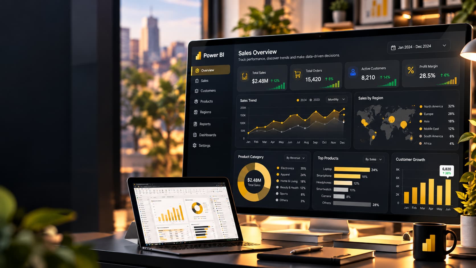 Power BI sales analytics dashboard with trends, regional performance and customer growth