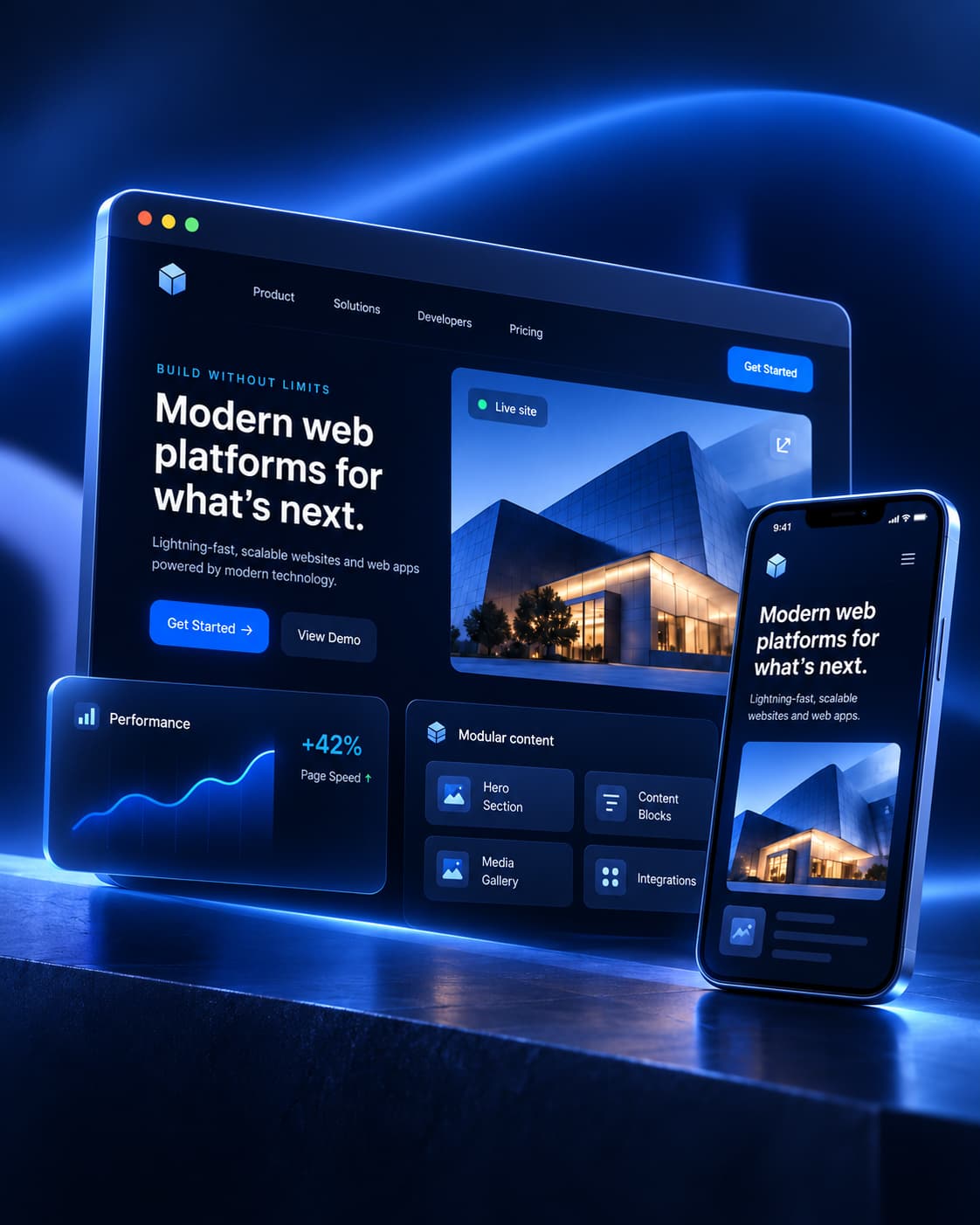 Responsive web platform displayed across desktop and mobile screens in a blue-lit environment