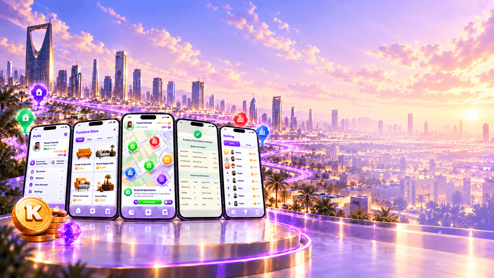 Kingdom Land mobile game screens overlooking a futuristic Saudi city
