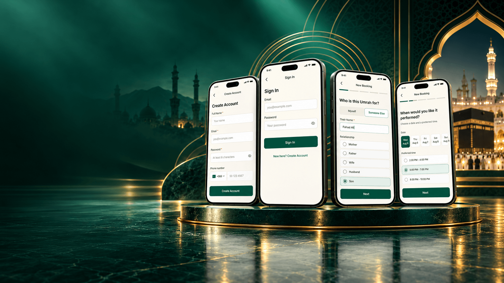 Labaik Badal booking screens presented beside the illuminated Kaaba