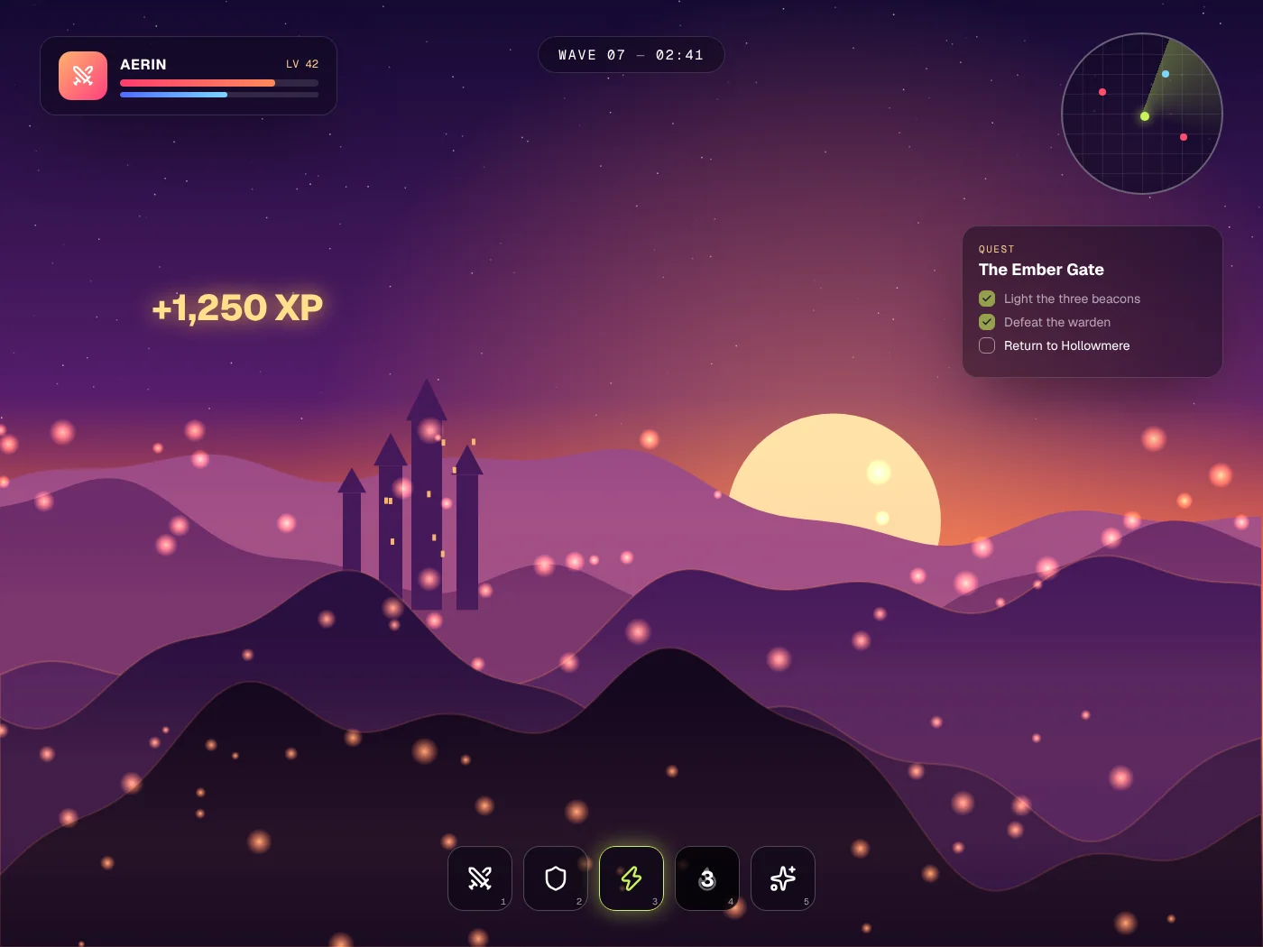 Fantasy game scene at sunset with a castle, glowing embers and a player HUD