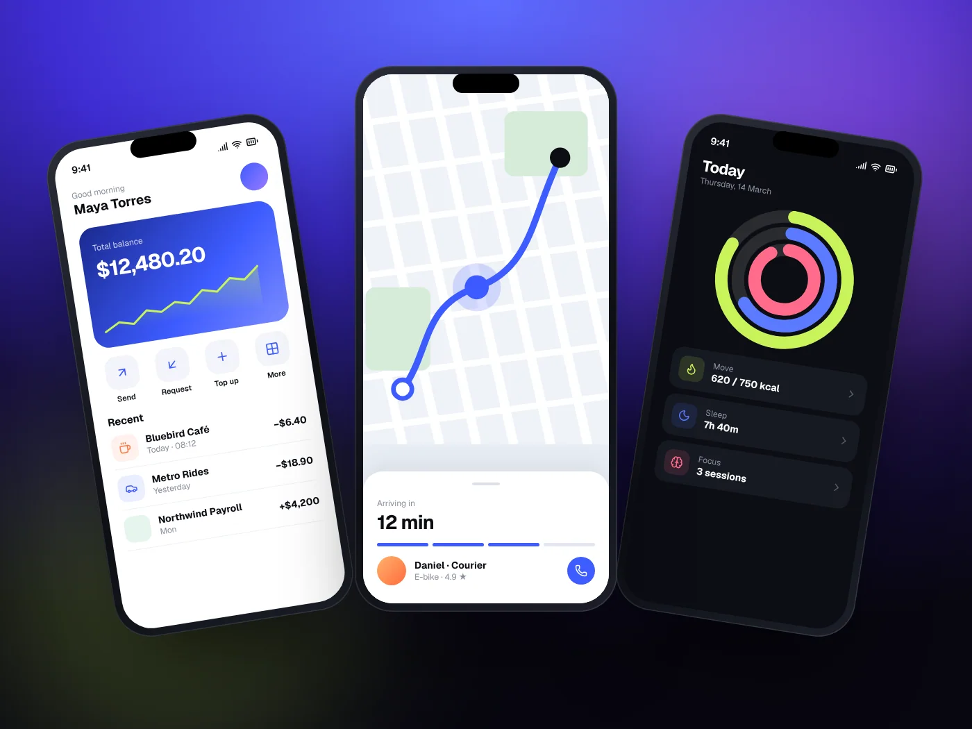 Three phones showing a finance app, a delivery tracker and a wellness dashboard