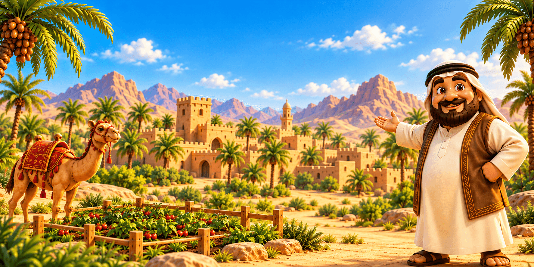 A friendly character and camel in a sunny oasis village with farms and mountains