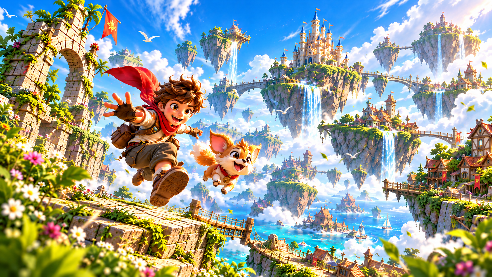 A young adventurer and fox companion racing through a fantasy world of floating islands