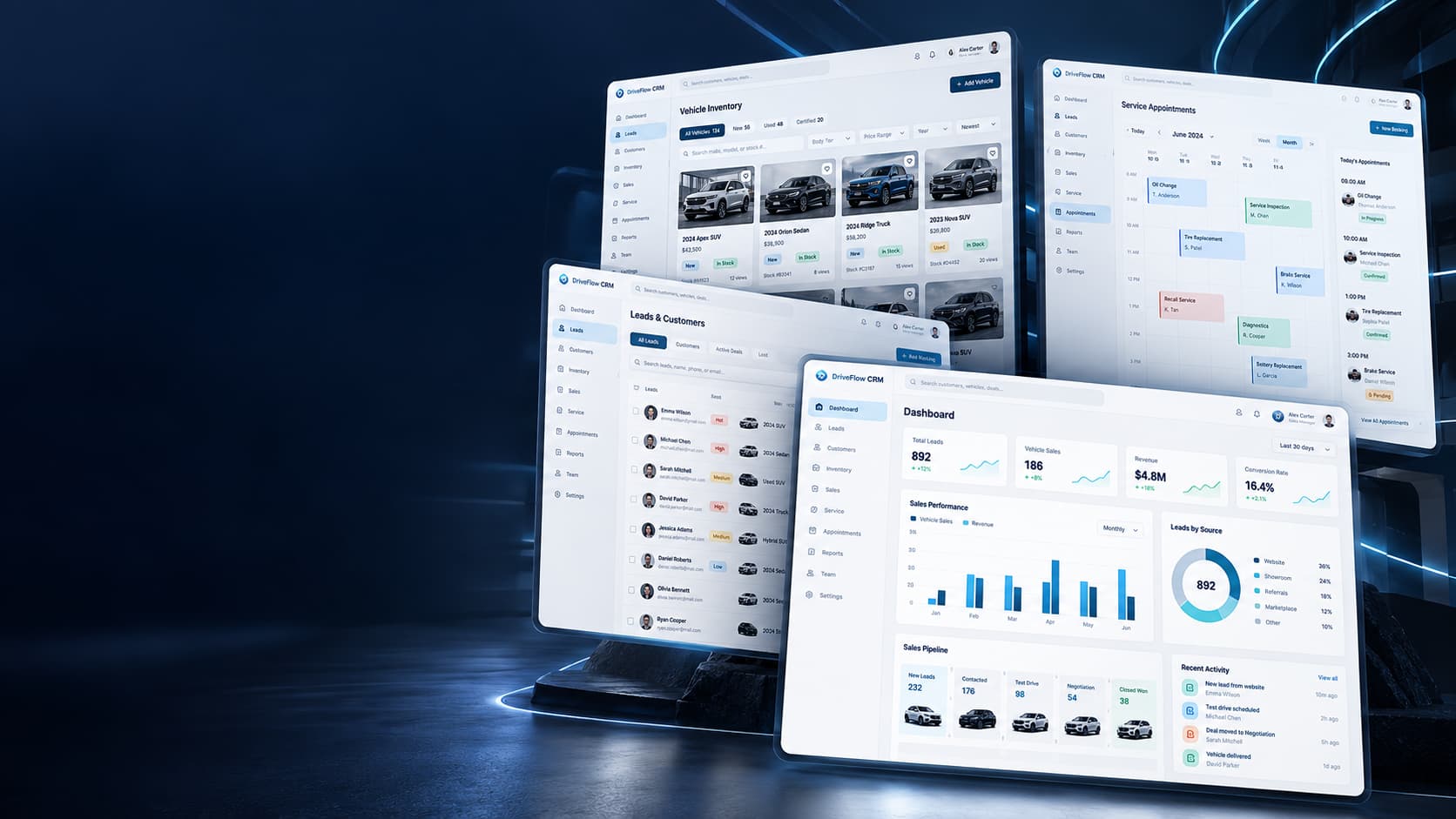 DriveFlow CRM screens showing vehicle inventory, leads, appointments and sales analytics