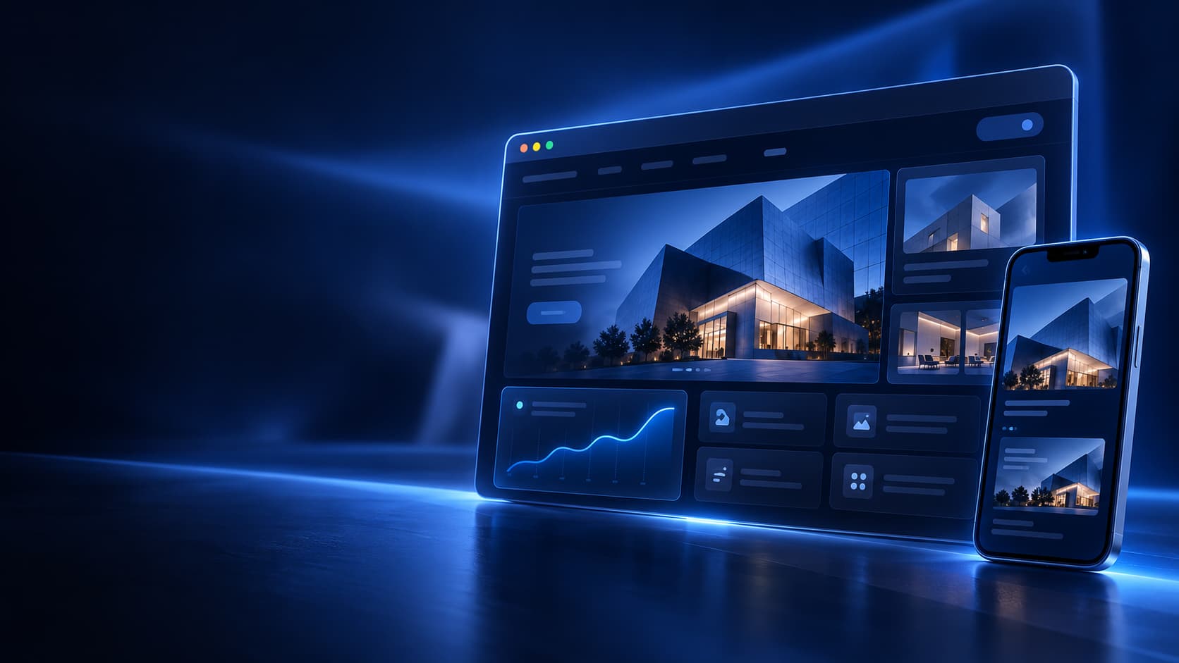 Responsive web platform displayed across desktop and mobile screens in a blue-lit environment